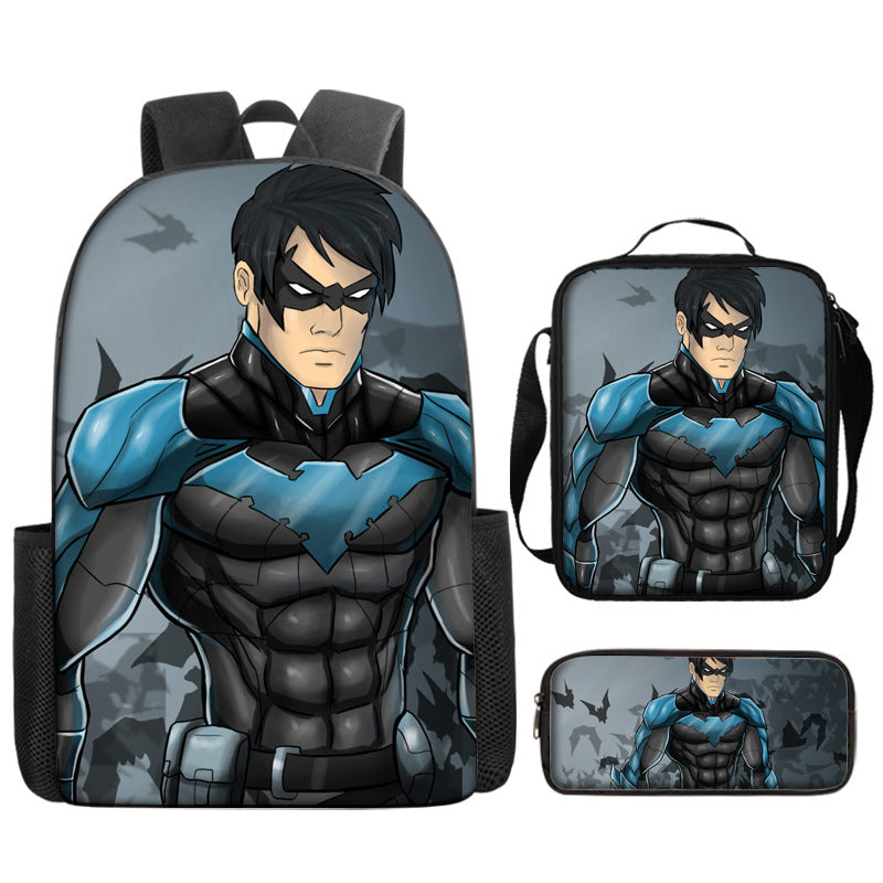 Nightwing Superhero Full Printed Backpack Schoolbag Travel Notebook Bag Lunch Bag Pencil Bag for Kids Students 3PCS