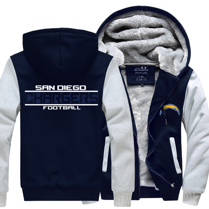 San Diego Football Team  Chargers  Unisex Lined Hoodie Fleece Sweatshirt Full Zipper Hooded Thicken Jacket