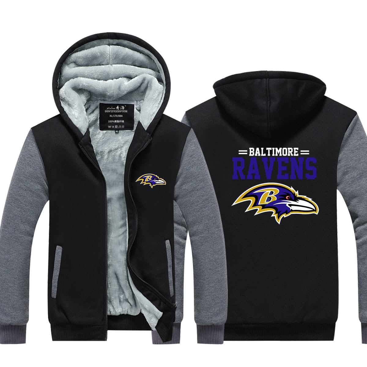 Baltimore  Football Ravens  Unisex Lined Hoodie Fleece Sweatshirt Full Zipper Hooded Thicken Jacket