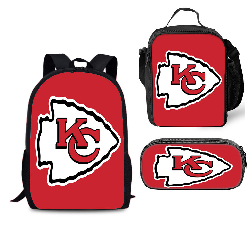 Kansas City Chiefs Football Team Full Printed Backpack Schoolbag Travel Notebook Bag Lunch Bag Pencil Bag for Kids Students 3PCS