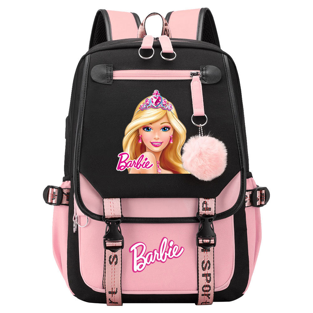 Pink Barbie  Waterproof Backpack School Notebook Travel Bags USB Charging