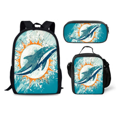 Miami Dolphins Football Team Backpack Schoolbag Lunch Bag Pencil Bag for Kids Students 3PCS