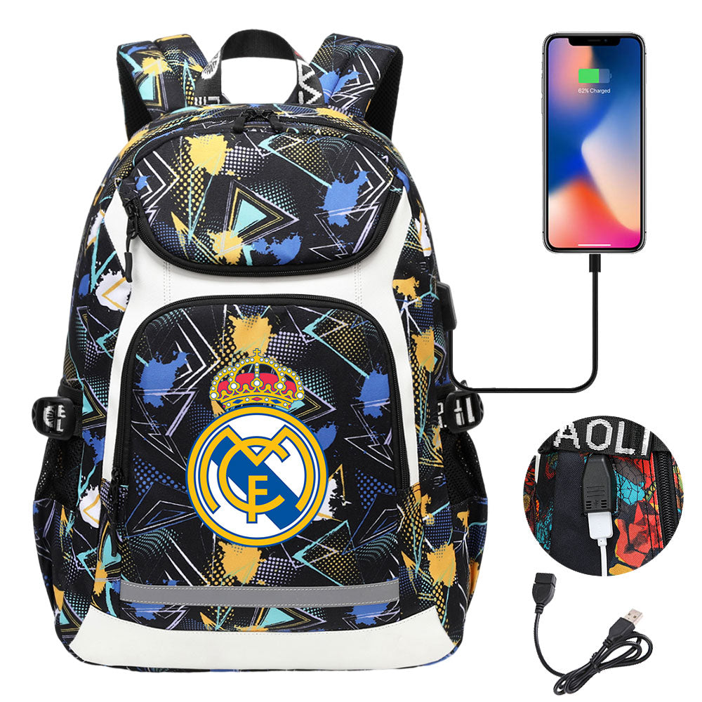 Real Madrid Football Club USB Charging Backpack School Notebook Travel Bags