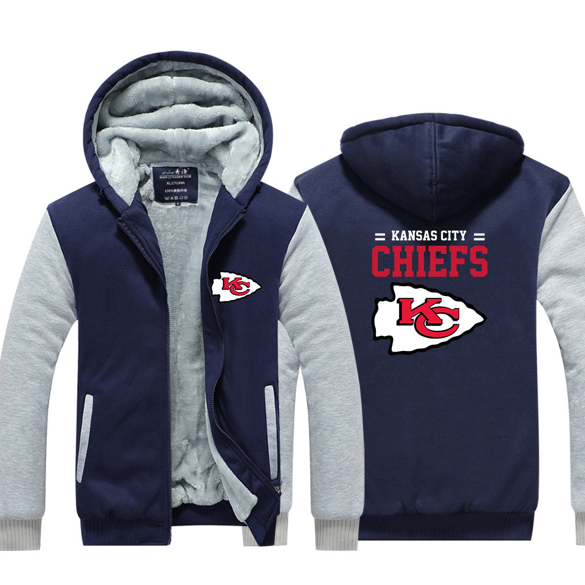 Kansas City Football Chiefs Unisex Lined Hoodie Fleece Sweatshirt Full Zipper Hooded Thicken Jacket