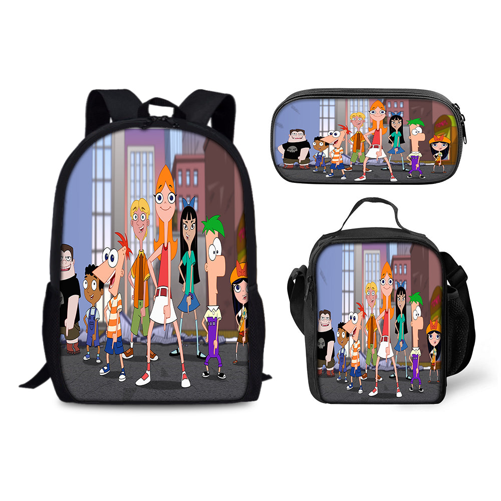 Phineas and Ferb Backpack Schoolbag Lunch Bag Pencil Bag for Kids Students 3PCS