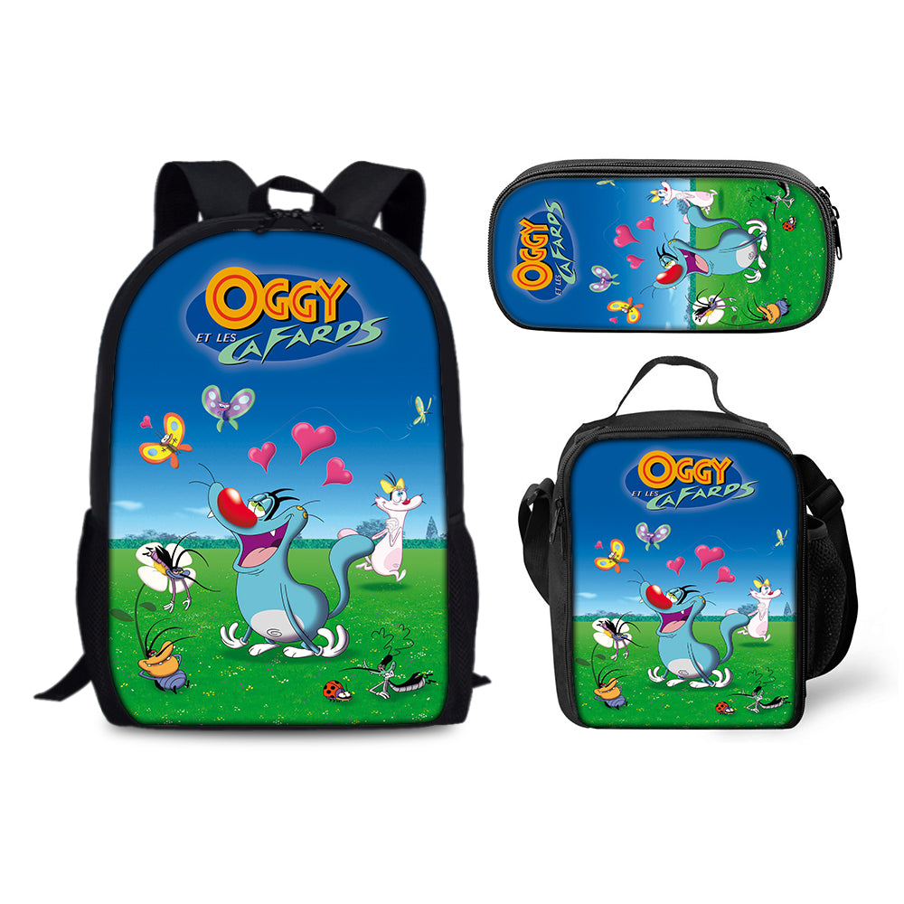 Oggy and the Cockroaches Backpack Schoolbag Lunch Bag Pencil Bag for Kids Students 3PCS