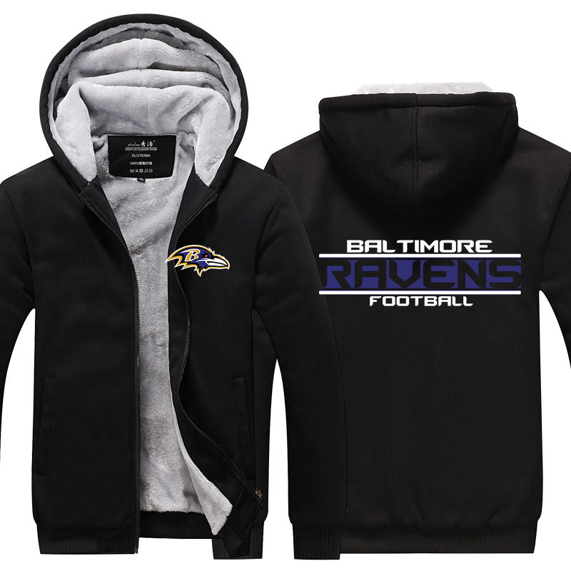 Baltimore Football Team Ravens Unisex Lined Hoodie Fleece Sweatshirt Full Zipper Hooded Thicken Jacket