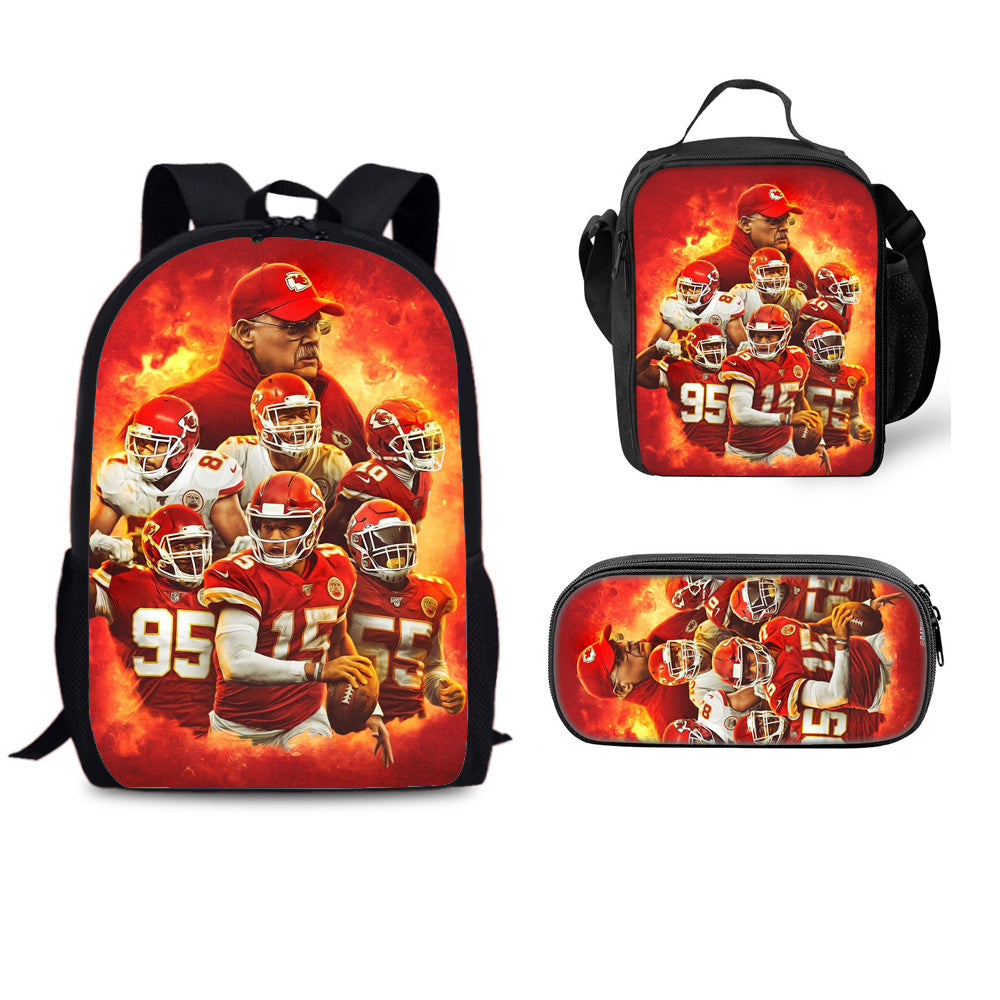 Kansas City Chiefs Football Team Full Printed Backpack Schoolbag Travel Notebook Bag Lunch Bag Pencil Bag for Kids Students 3PCS