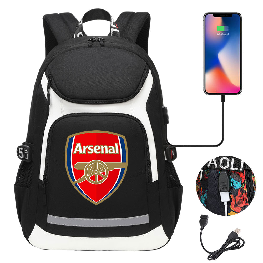 Arsenal Football Club USB Charging Backpack School Notebook Travel Bags