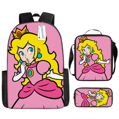 Mario Princess Peach Full Printed Backpack Schoolbag Travel Notebook Bag Lunch Bag Pencil Bag for Kids Students 3PCS