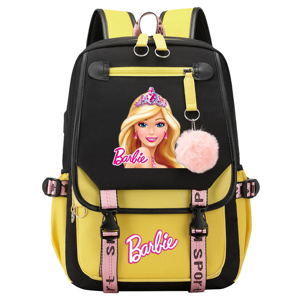 Pink Barbie  Waterproof Backpack School Notebook Travel Bags USB Charging