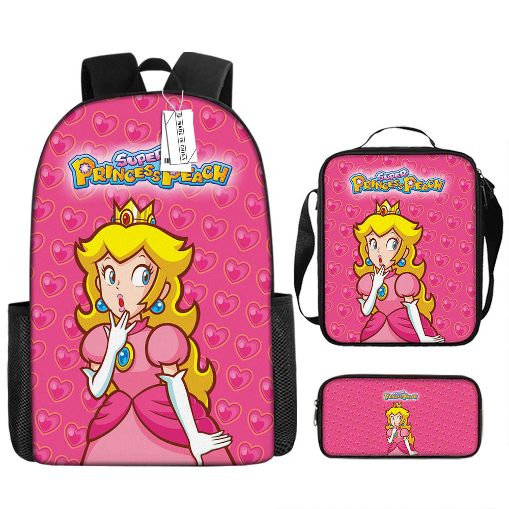 Mario Princess Peach Full Printed Backpack Schoolbag Travel Notebook Bag Lunch Bag Pencil Bag for Kids Students 3PCS