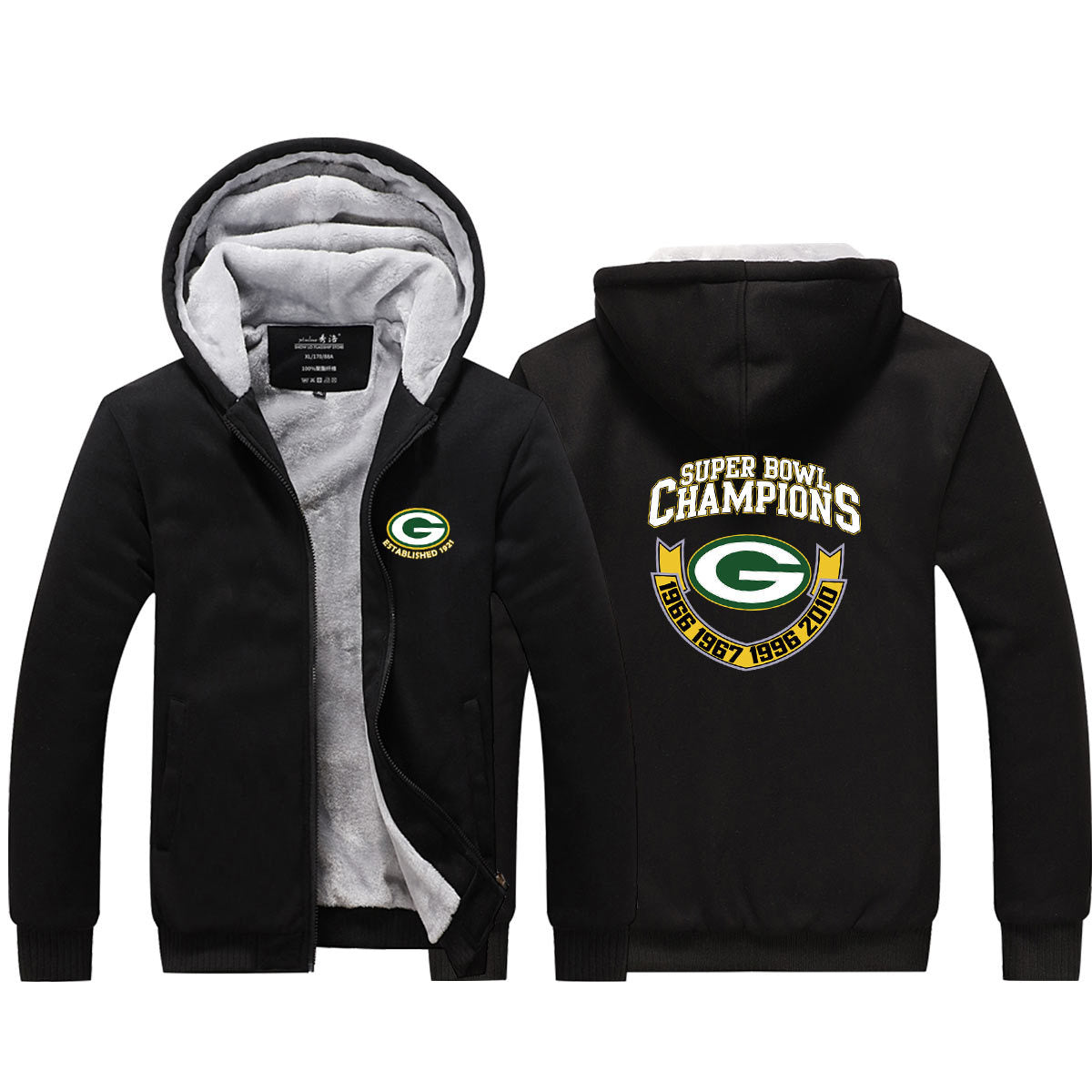 Green Bay Football Packers  Unisex Lined Hoodie Fleece Sweatshirt Full Zipper Hooded Thicken Jacket