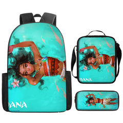 Moana Full Printed Backpack Schoolbag Travel Notebook Bag Lunch Bag Pencil Bag for Kids Students 3PCS