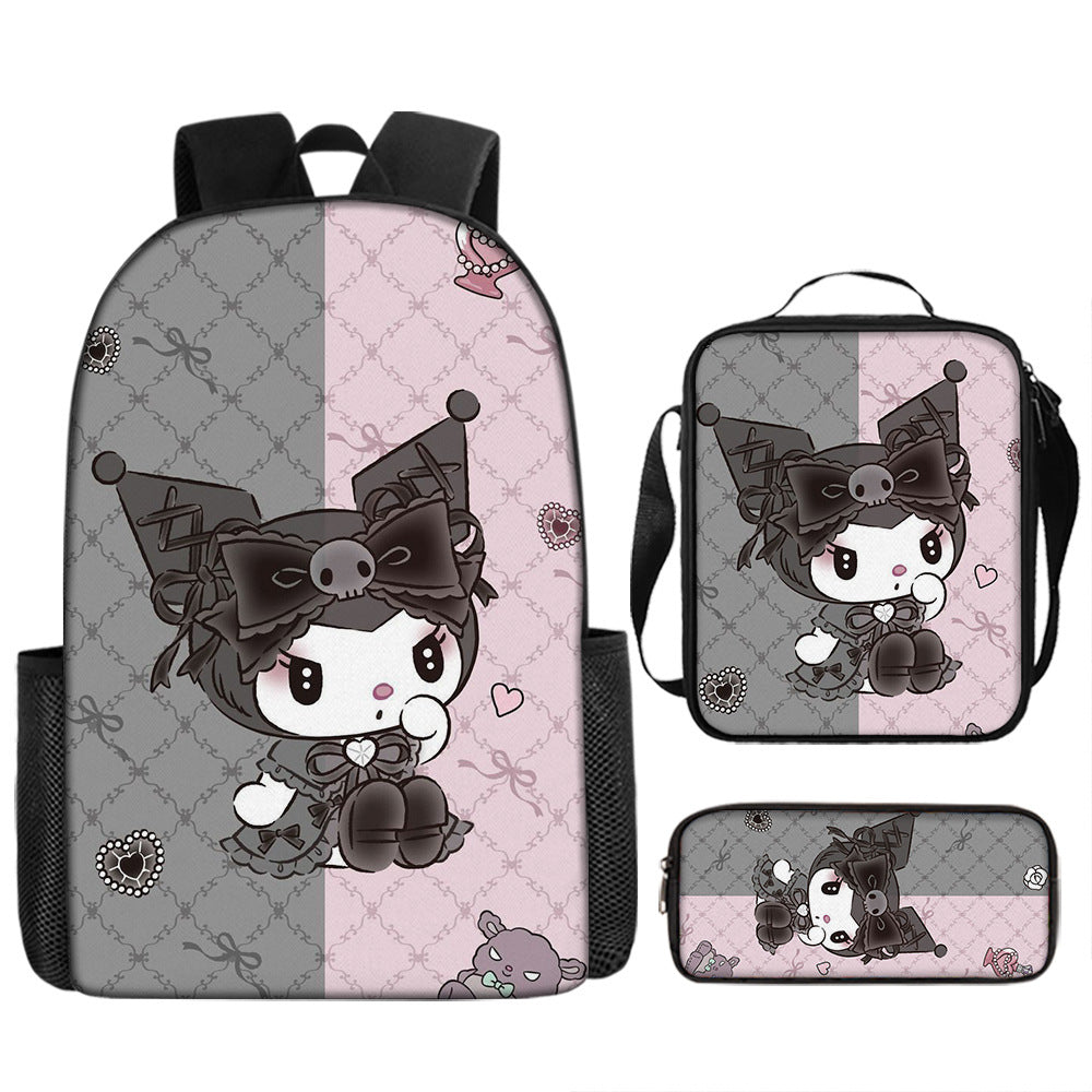 Kuromi Full Printed Backpack Schoolbag Travel Notebook Bag Lunch Bag Pencil Bag for Kids Students 3PCS