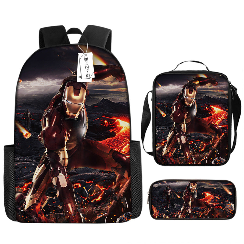 Iron Man Full Printed Backpack Schoolbag Travel Notebook Bag Lunch Bag Pencil Bag for Kids Students 3PCS