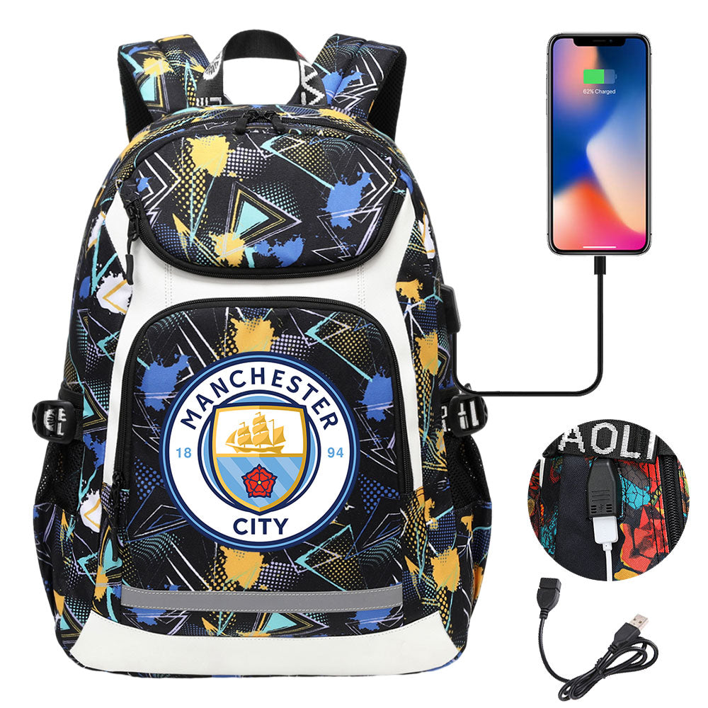 Manchester City Football Club USB Charging Backpack School Notebook Travel Bags