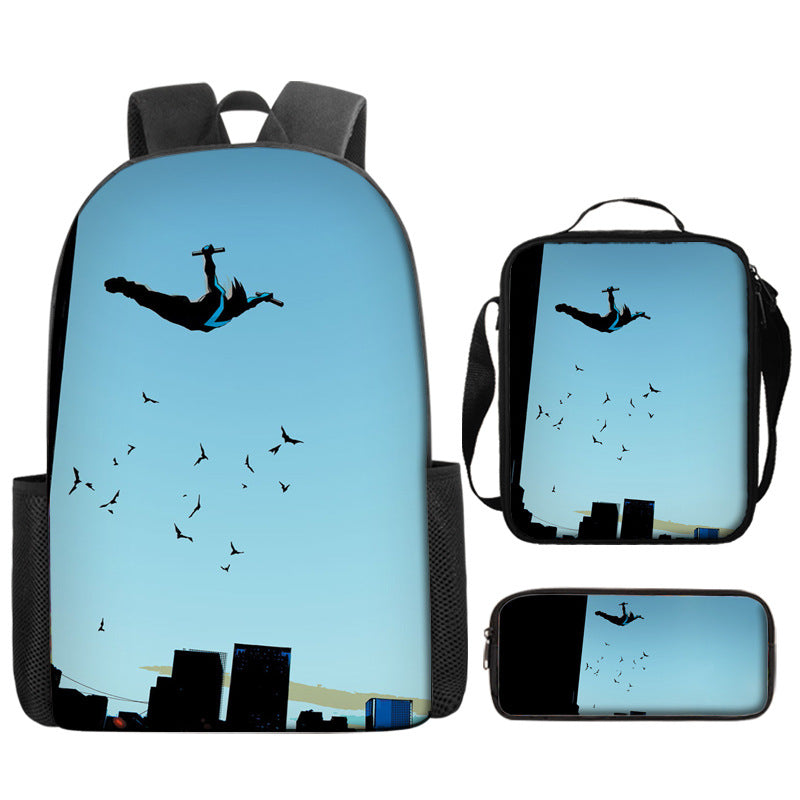 Nightwing Superhero Full Printed Backpack Schoolbag Travel Notebook Bag Lunch Bag Pencil Bag for Kids Students 3PCS