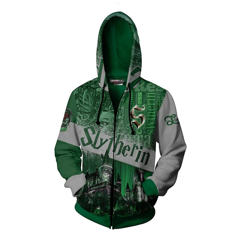 Hogwarts Slytherin 3D Printed Zipper Hoodie Sweater Unisex Sweatshirt Coat