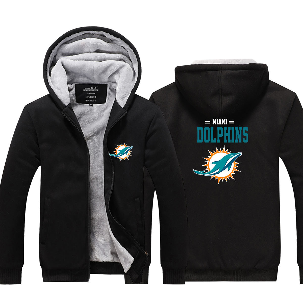 Miami Football Dolphins Unisex Lined Hoodie Fleece Sweatshirt Full Zipper Hooded Thicken Jacket
