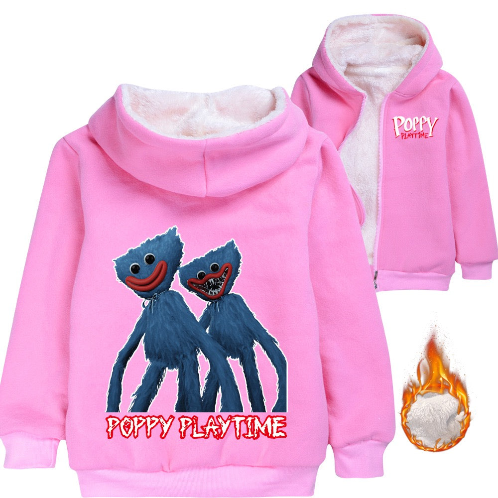 Poppy Huggy Wuggy Sherpa Lined Hoodie Fleece Sweatshirt Full Zip Hooded Jacket for Kids