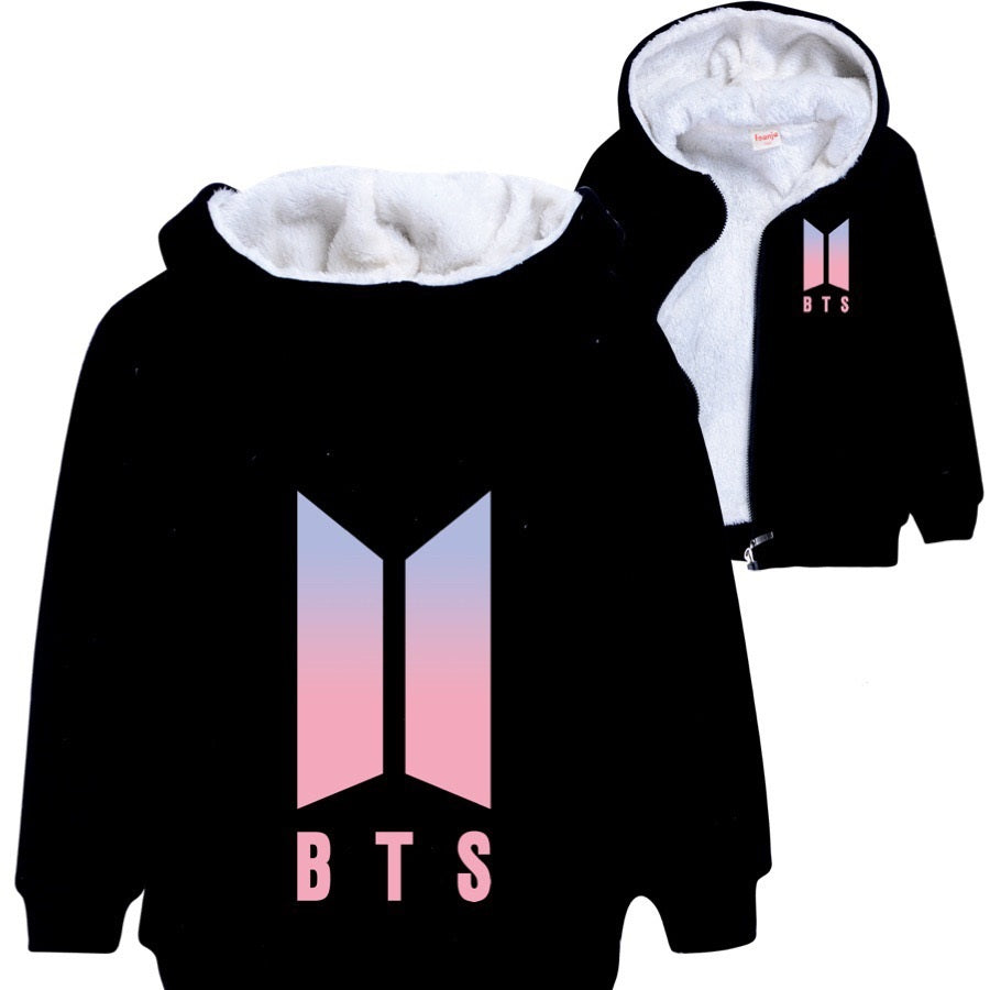 Bangtan Boy Sherpa Lined Hoodie Fleece Sweatshirt Full Zip Jacket for Kids