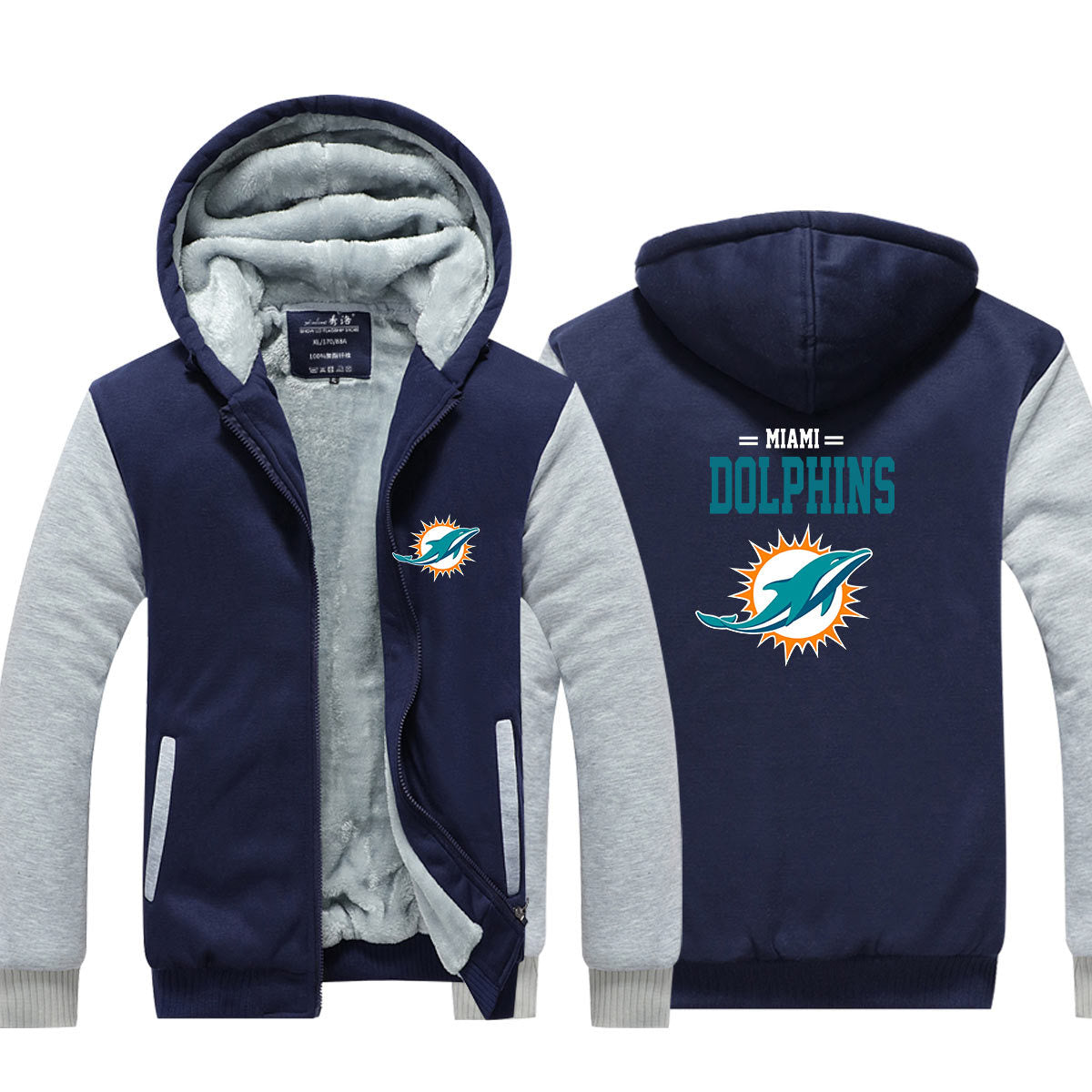 Miami Football Dolphins Unisex Lined Hoodie Fleece Sweatshirt Full Zipper Hooded Thicken Jacket