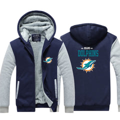 Miami Football Dolphins Unisex Lined Hoodie Fleece Sweatshirt Full Zipper Hooded Thicken Jacket