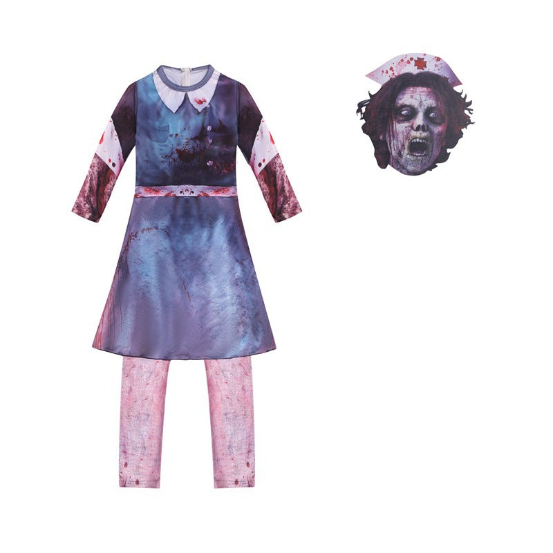 Horror Nurse Cosplay Costume with Mask Boys Girls Bodysuit Halloween Fancy Jumpsuits