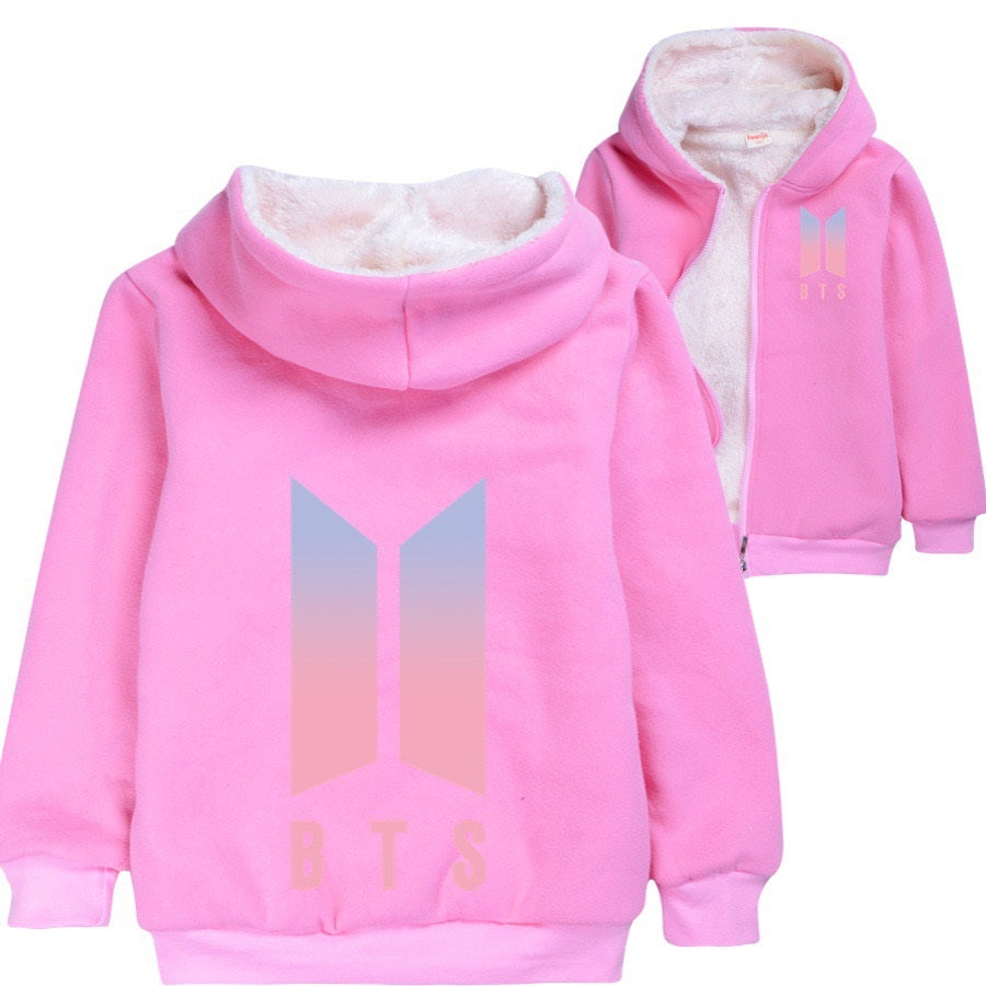 Bangtan Boy Sherpa Lined Hoodie Fleece Sweatshirt Full Zip Jacket for Kids