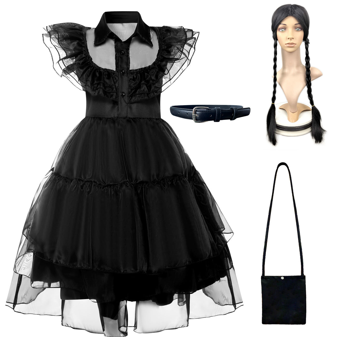 Wednesday Addams Cosplay Dress for Girls Halloween Fancy Lace Skirt