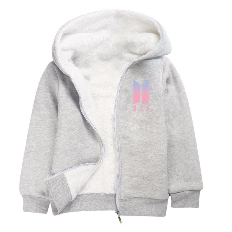 Bangtan Boy Sherpa Lined Hoodie Fleece Sweatshirt Full Zip Jacket for Kids