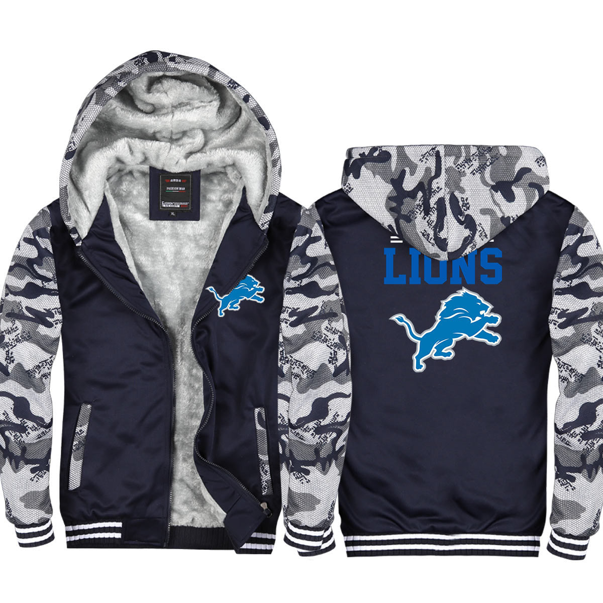 Detroit  Football Lions  Unisex Lined Hoodie Fleece Sweatshirt Full Zipper Hooded Thicken Jacket