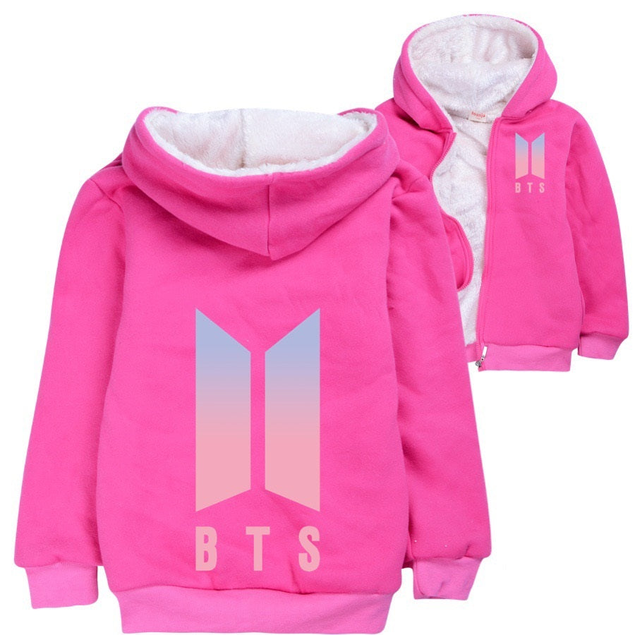 Bangtan Boy Sherpa Lined Hoodie Fleece Sweatshirt Full Zip Jacket for Kids