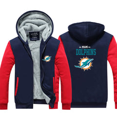 Miami Football Dolphins Unisex Lined Hoodie Fleece Sweatshirt Full Zipper Hooded Thicken Jacket