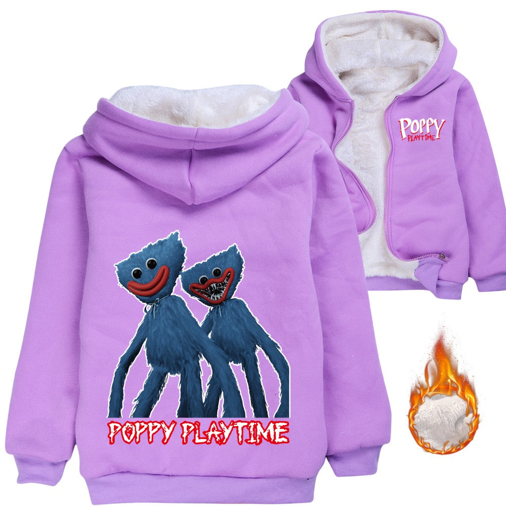 Poppy Huggy Wuggy Sherpa Lined Hoodie Fleece Sweatshirt Full Zip Hooded Jacket for Kids