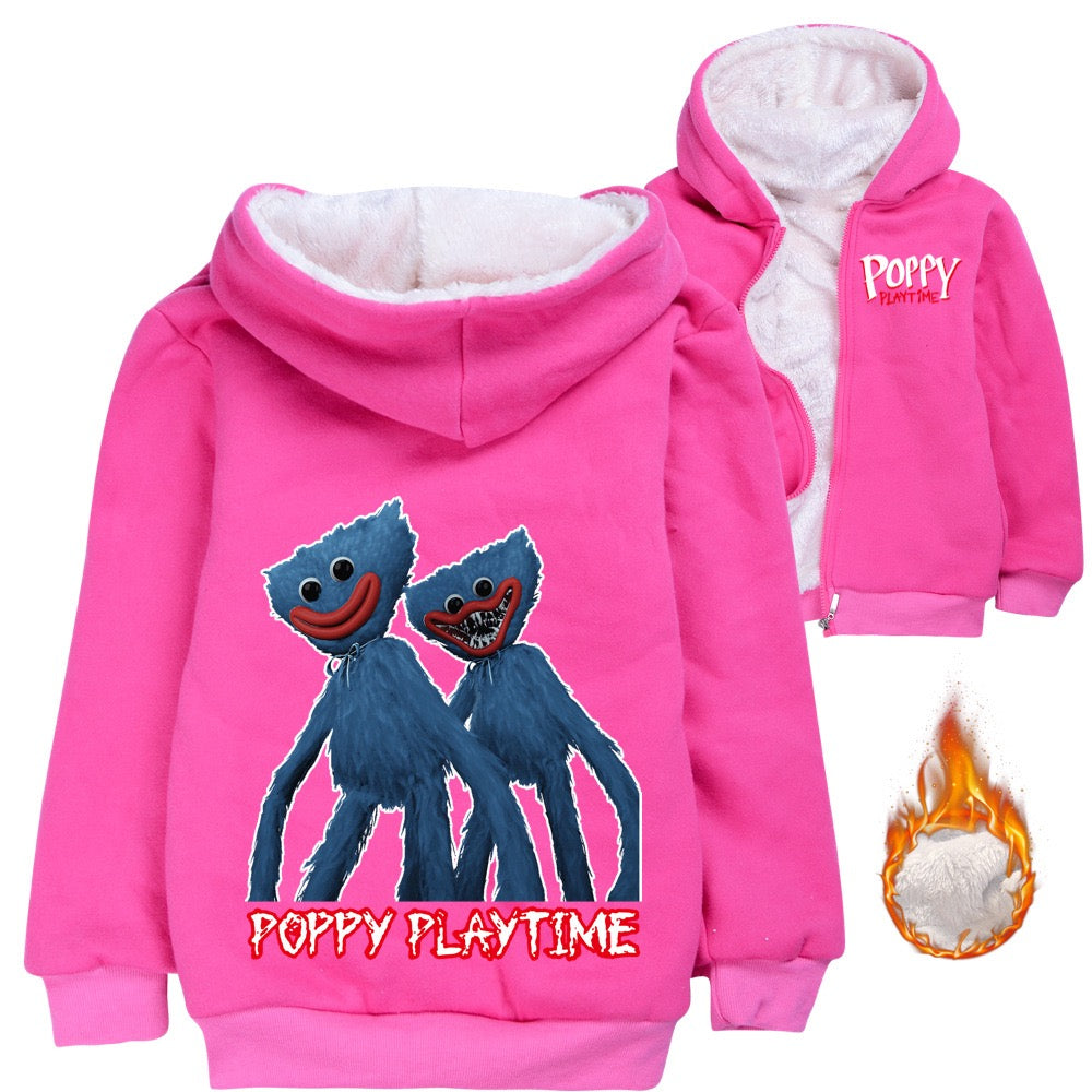 Poppy Huggy Wuggy Sherpa Lined Hoodie Fleece Sweatshirt Full Zip Hooded Jacket for Kids