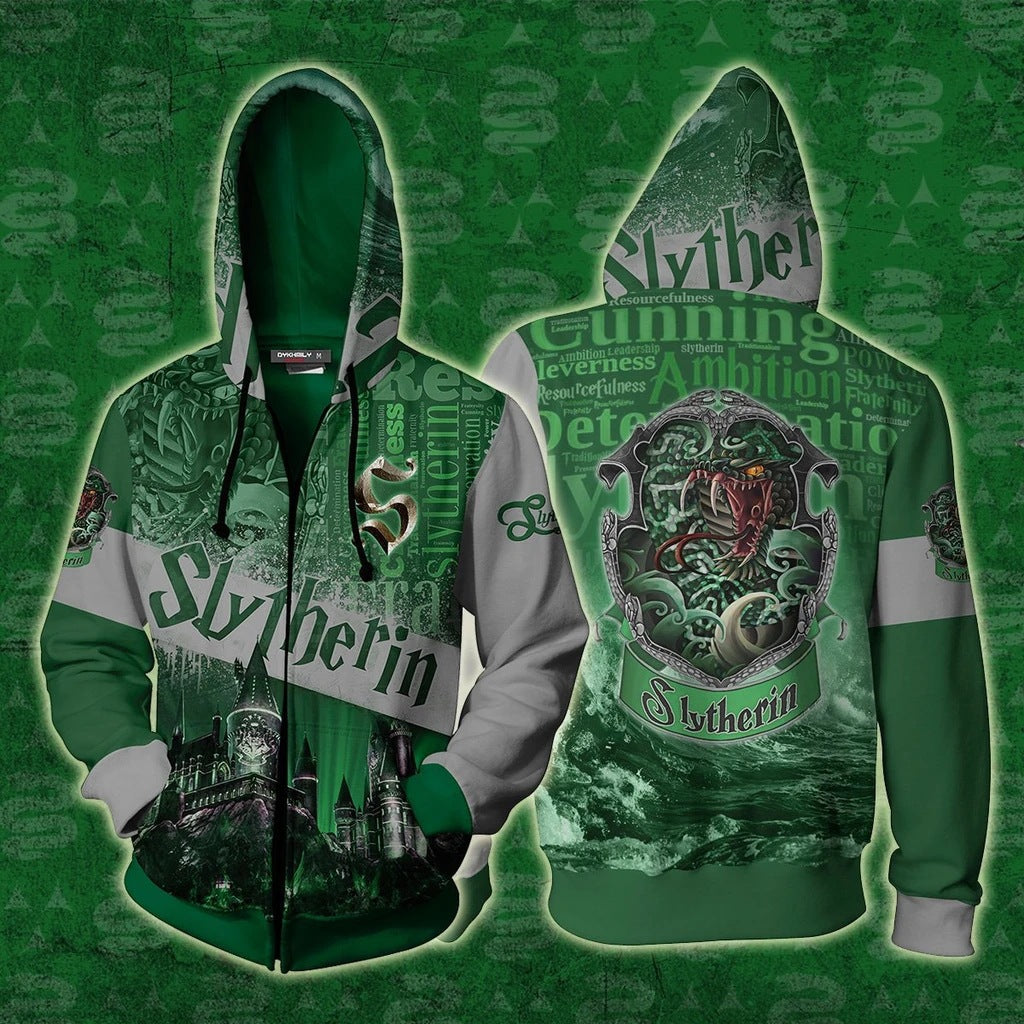 Hogwarts Slytherin 3D Printed Zipper Hoodie Sweater Unisex Sweatshirt Coat