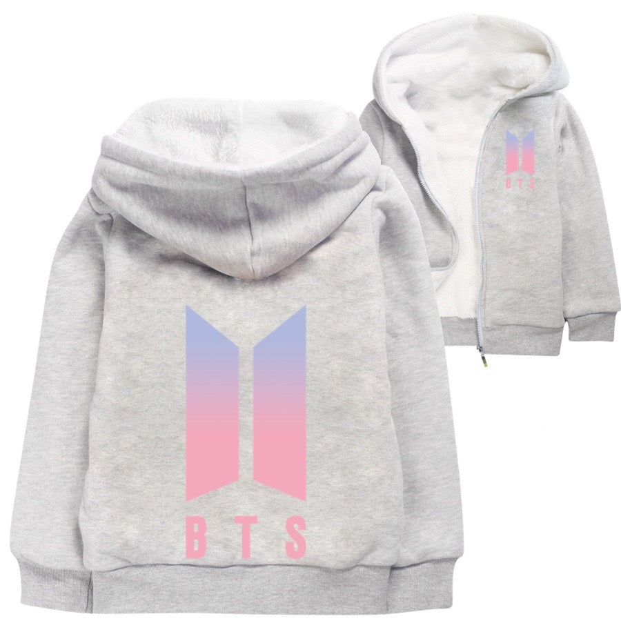 Bangtan Boy Sherpa Lined Hoodie Fleece Sweatshirt Full Zip Jacket for Kids