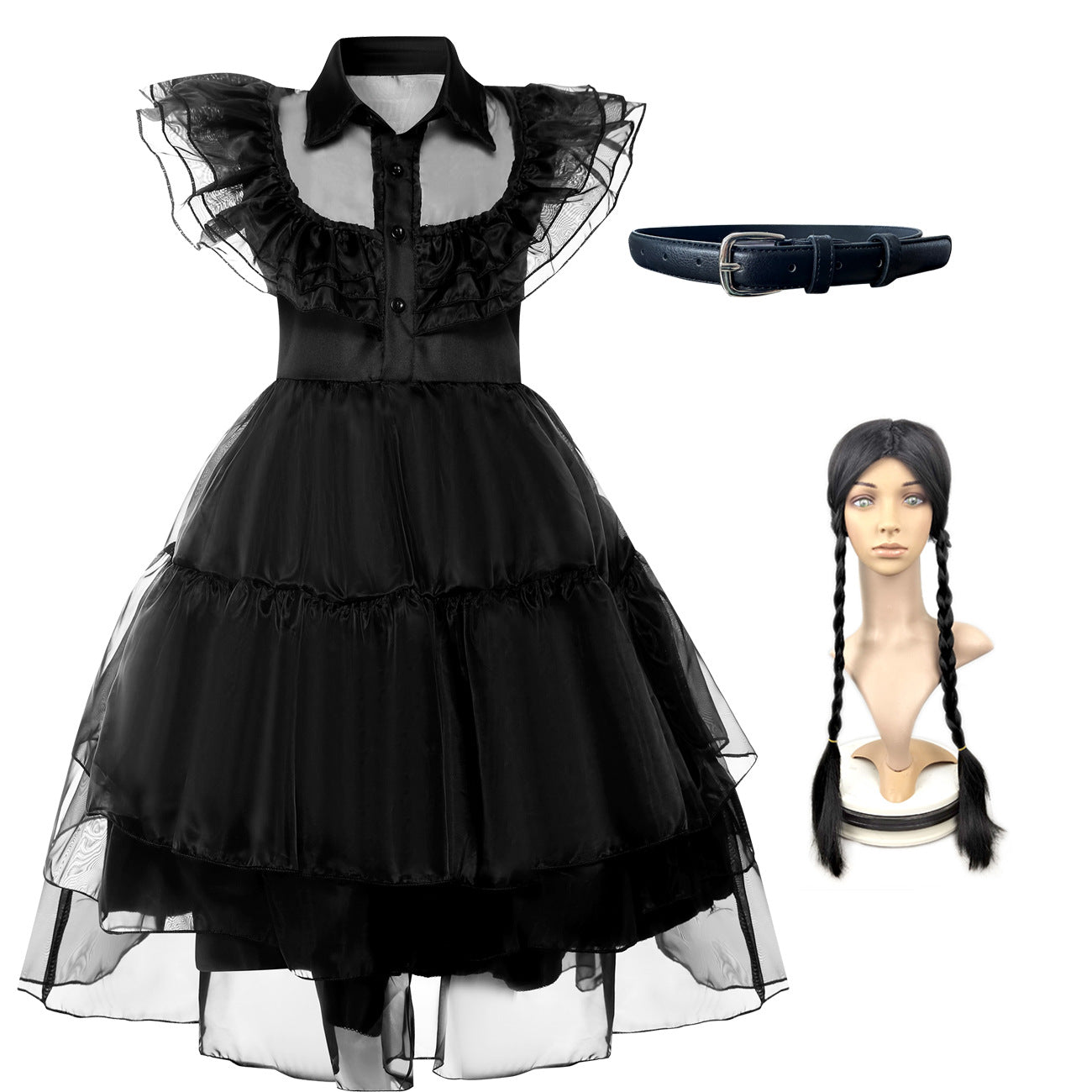 Wednesday Addams Cosplay Dress for Girls Halloween Fancy Lace Skirt