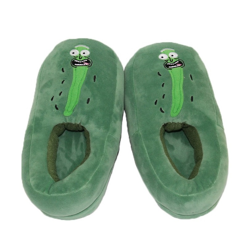 Funny Green Cucumber Rick Morty Slippers Winter Warm Plush Shoes for Kids Youth Home