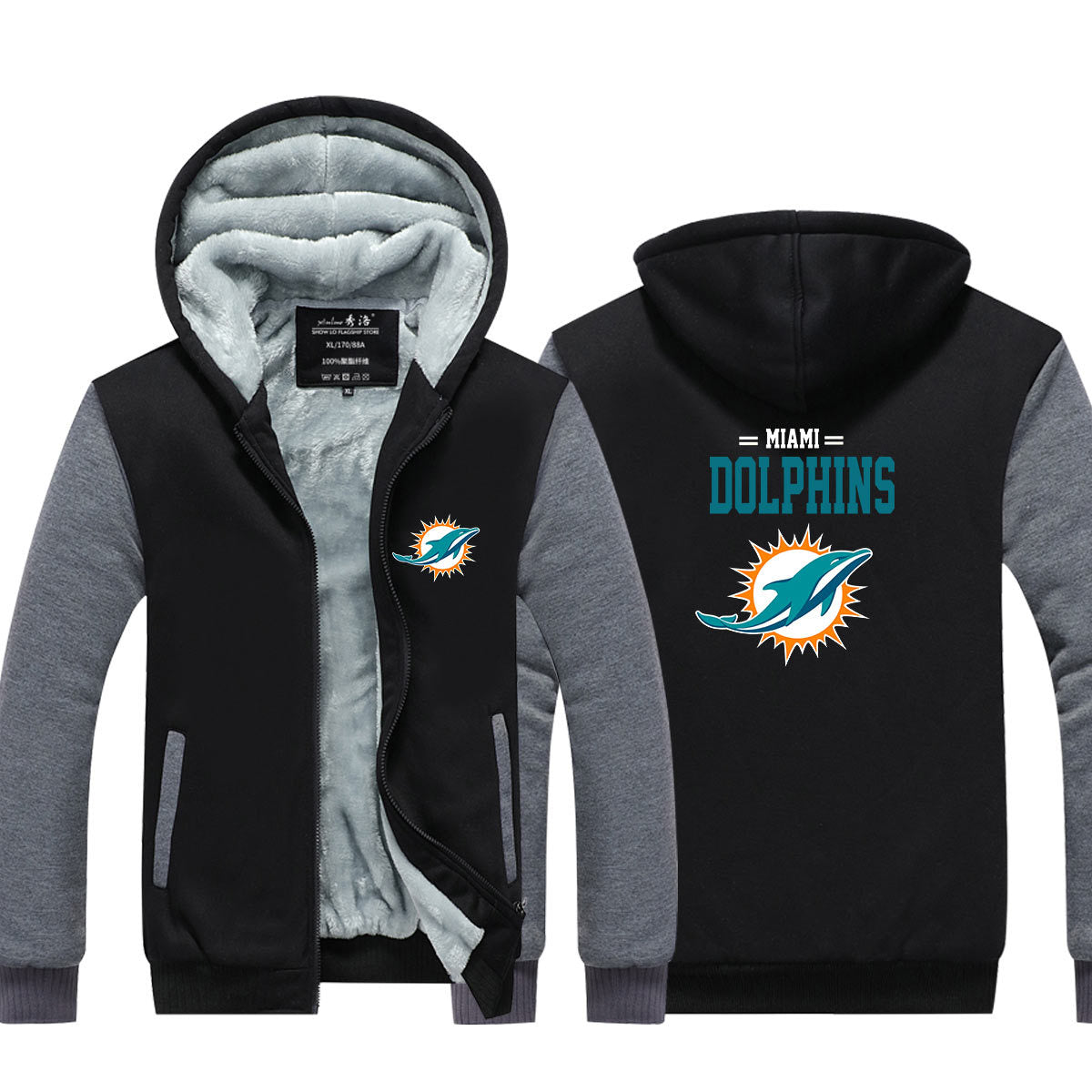 Miami Football Dolphins Unisex Lined Hoodie Fleece Sweatshirt Full Zipper Hooded Thicken Jacket