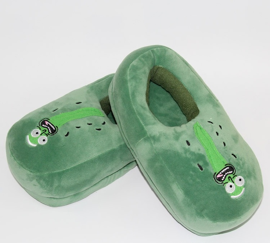 Funny Green Cucumber Rick Morty Slippers Winter Warm Plush Shoes for Kids Youth Home