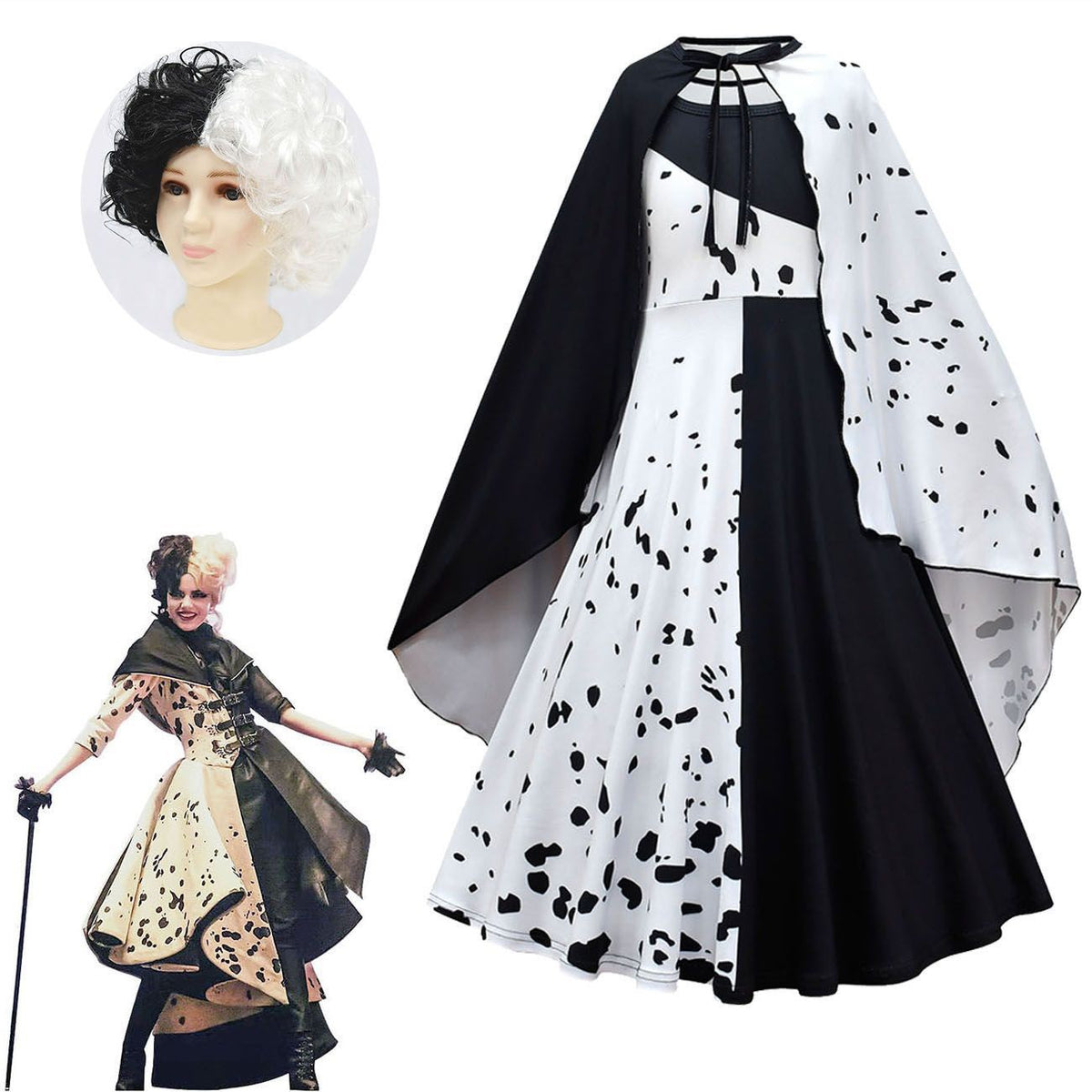 Cruella Witch Cosplay Dress for Girls Full Set Halloween Costume