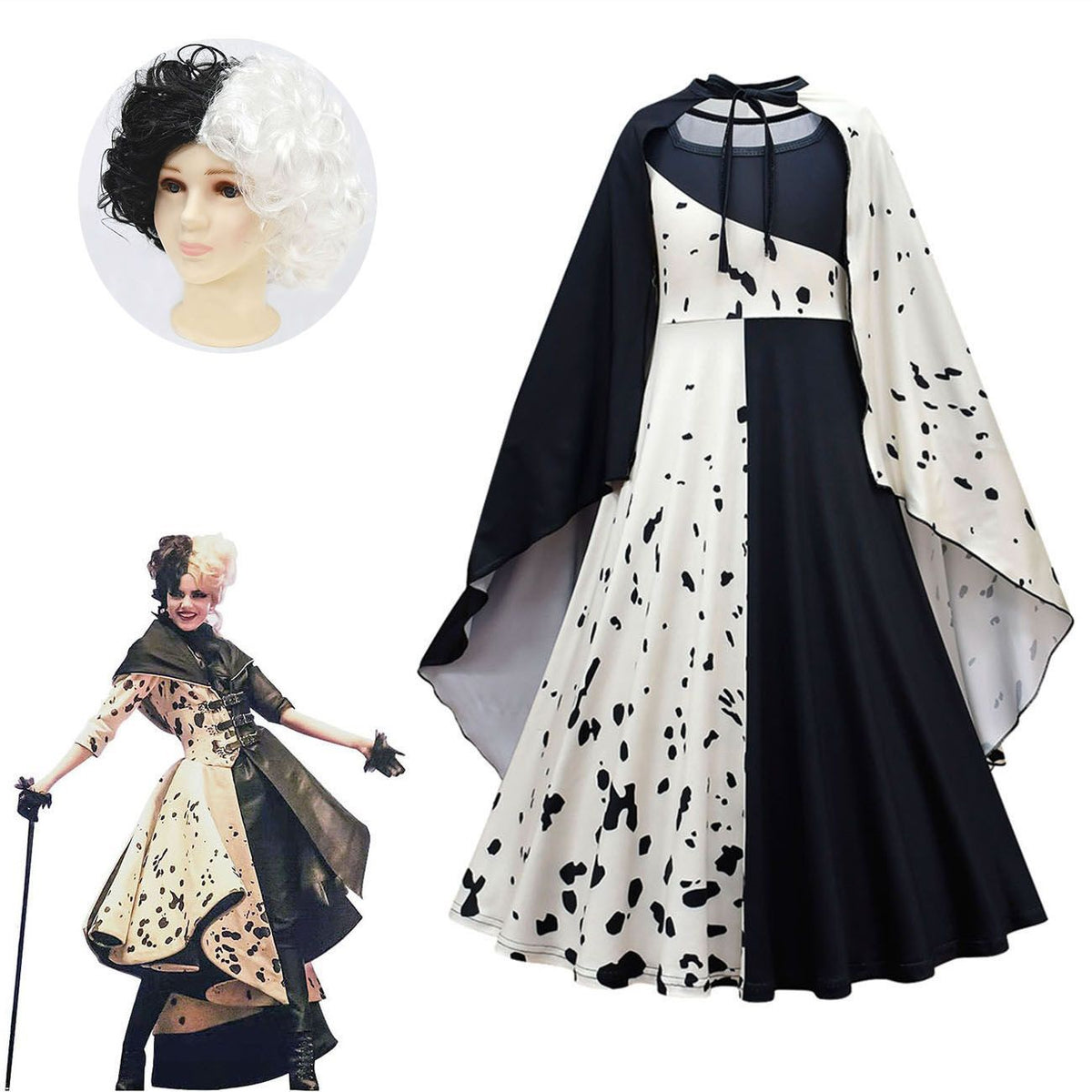 Cruella Witch Cosplay Dress for Girls Full Set Halloween Costume