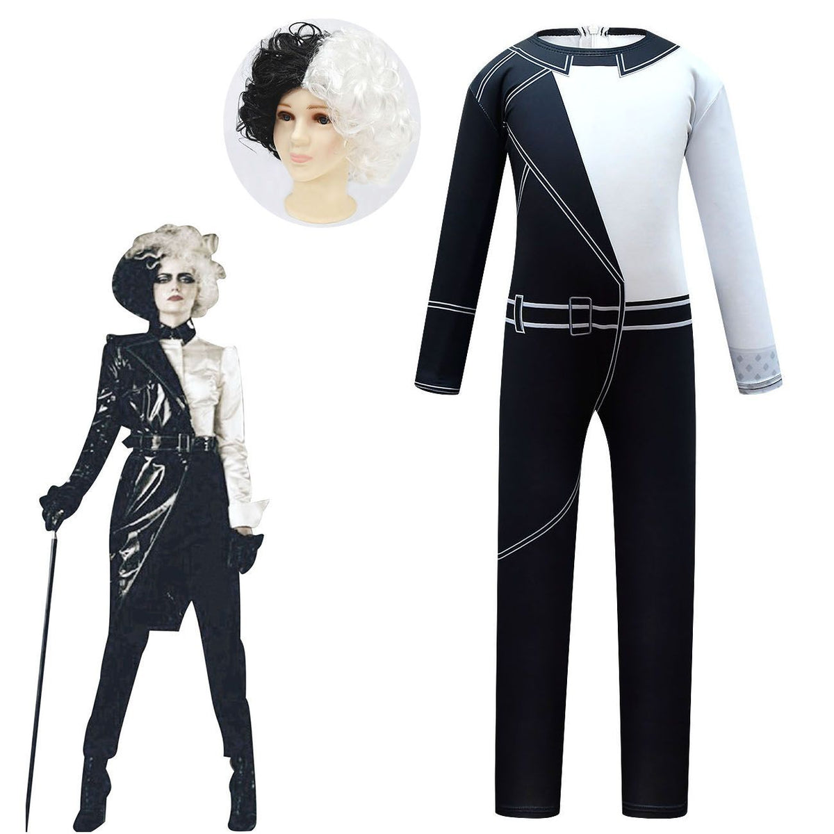 Cruella Witch Costume with Wig Boys Girls Bodysuit Halloween Fancy Jumpsuits