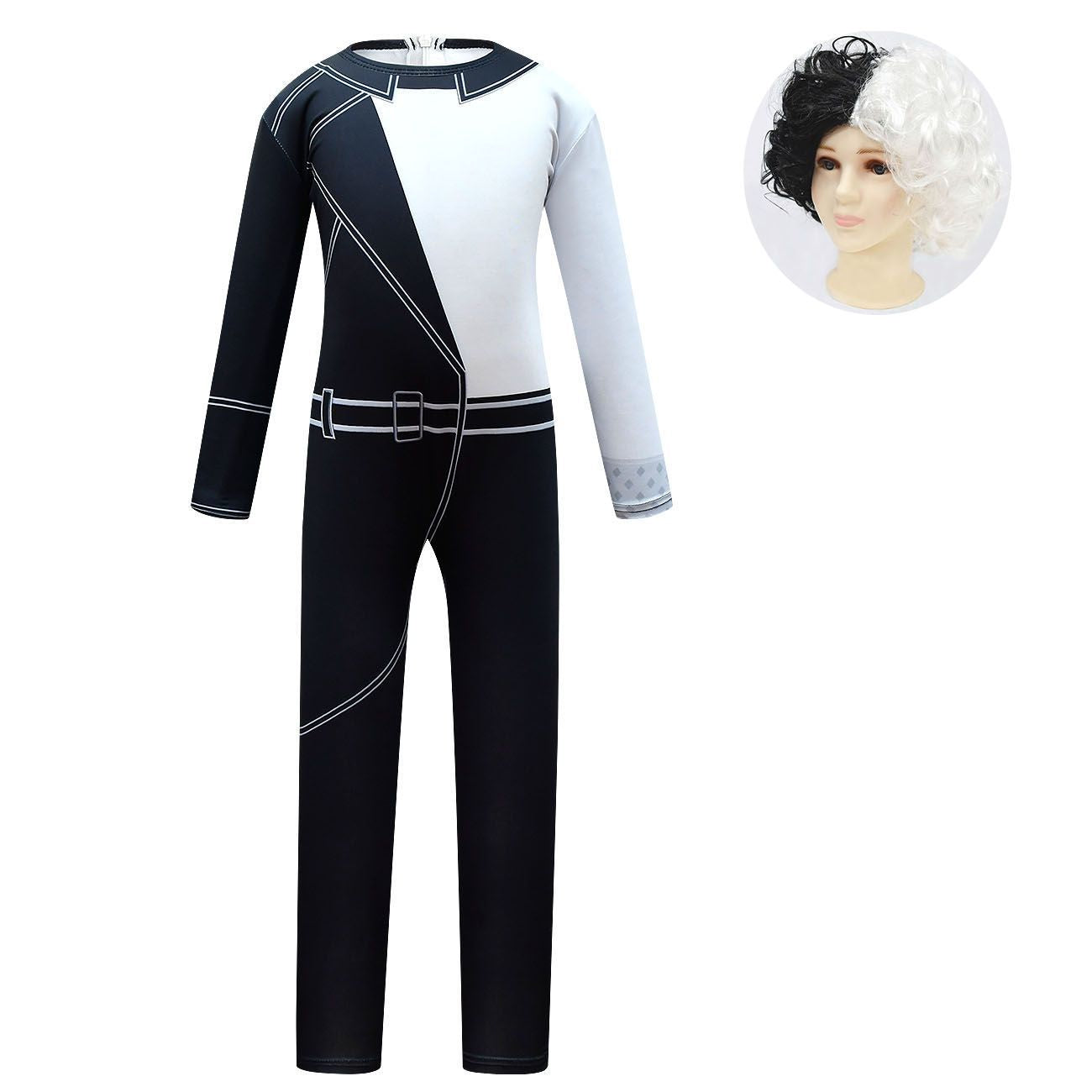 Cruella Witch Costume with Wig Boys Girls Bodysuit Halloween Fancy Jumpsuits