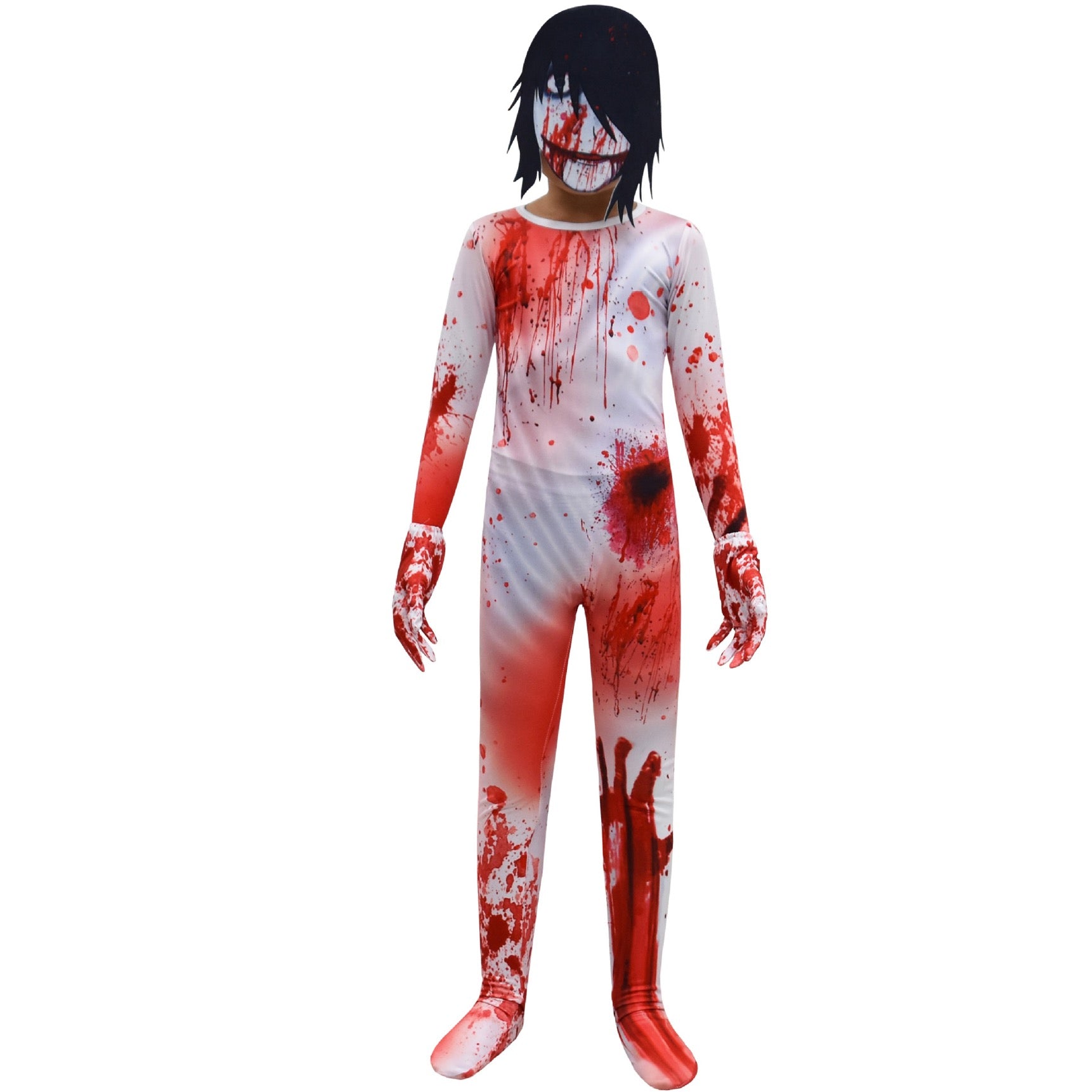 Horror Bloody Ghost Cosplay Costume with Mask for Boys Girls Bodysuit Halloween Fancy Jumpsuits