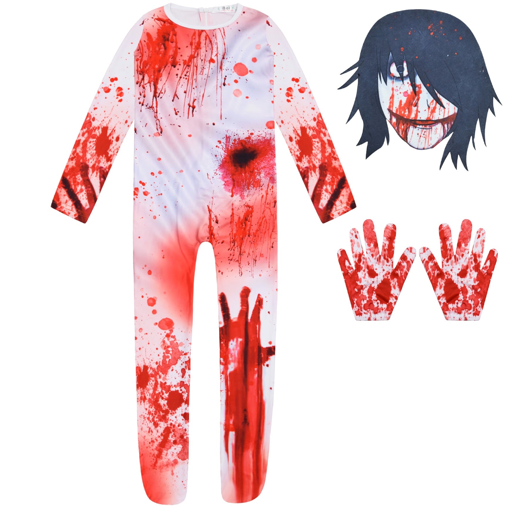 Horror Bloody Ghost Cosplay Costume with Mask for Boys Girls Bodysuit Halloween Fancy Jumpsuits