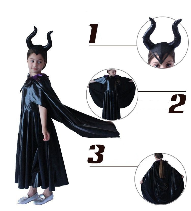 Maleficent Witch Cosplay Costume with Hat Boys Girls Bodysuit Halloween Fancy Jumpsuits